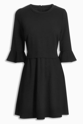 Black Fluted Sleeve Textured Dress